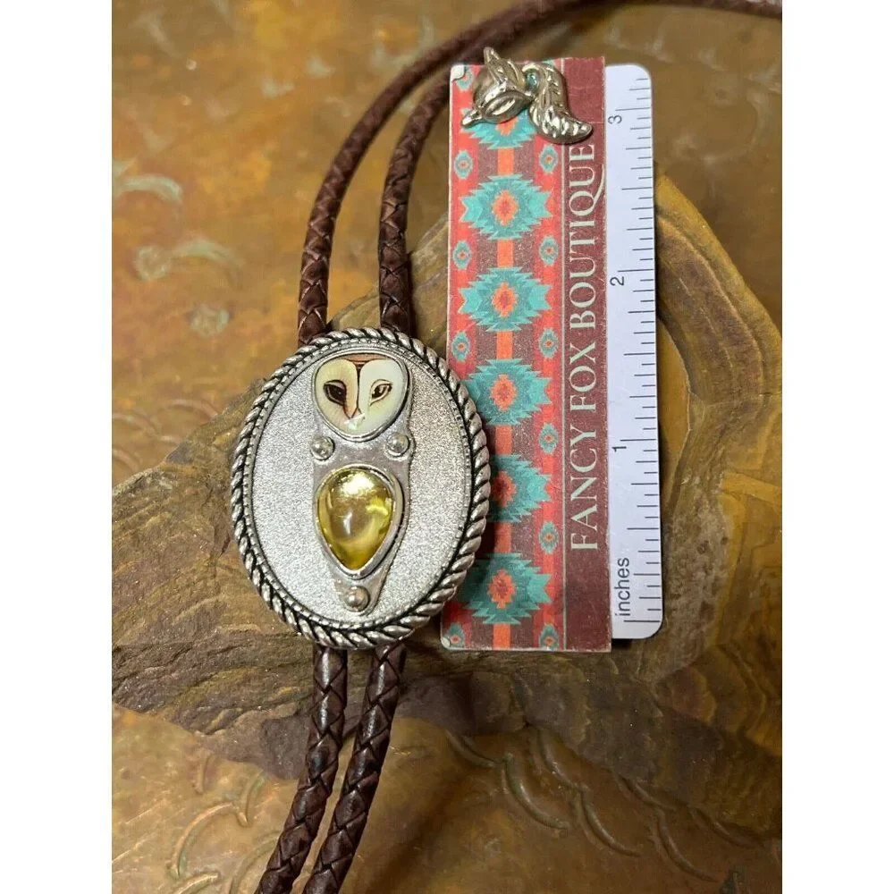 3D Amber Nature OWL Cameo Silver Lariat Black Bolo Tie Wedding Father's Day Dad - Picture 9 of 12